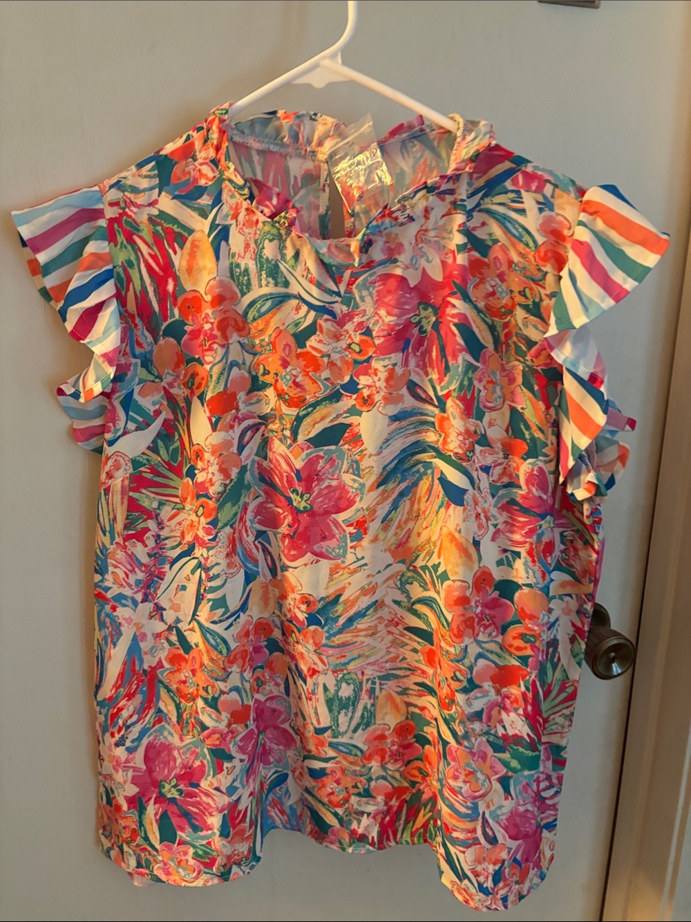 Flying Tomato Pink Teal Floral Ruffle Top
